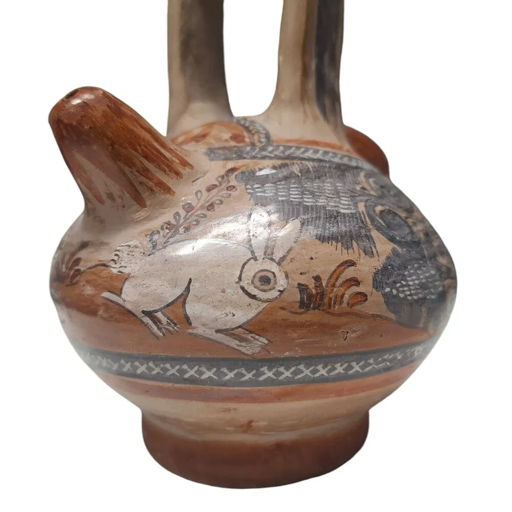 Tonala Pottery Double Spout Water Jug Rabbit Floral Agave Design Mexico Folk Art